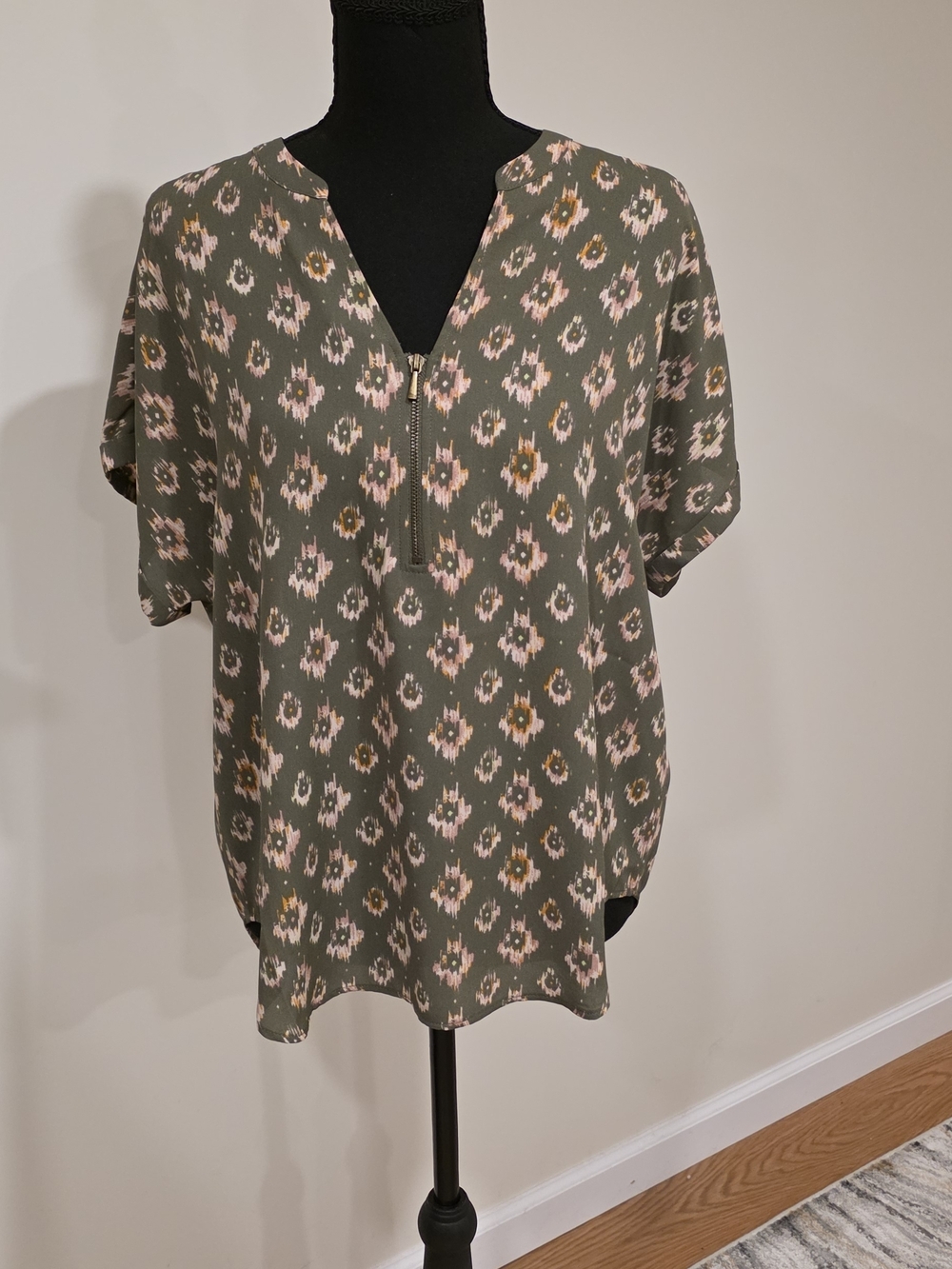 Maurices Olive Ikat Short-Sleeve Zip Blouse with Pink Accents